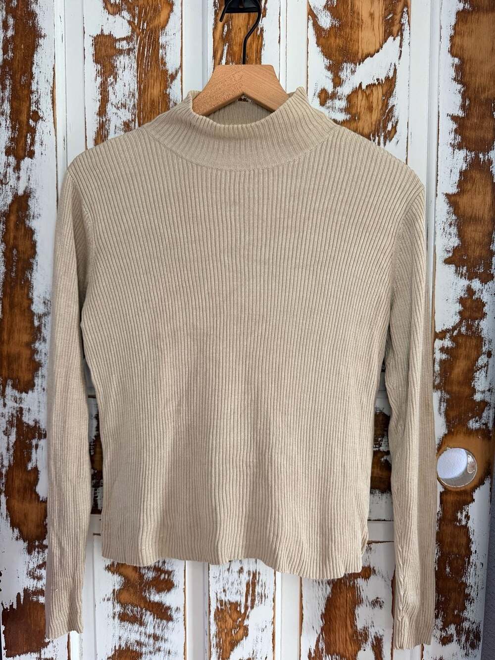 Valerie Stevens Ribbed Mock Neck Sweater Pure Silk Beige Size M Quiet Luxury